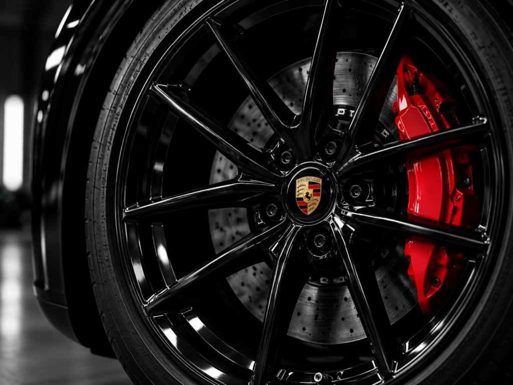 Zwarte Porsche-velg met rode remklauw – professionele velgenreiniging en bescherming