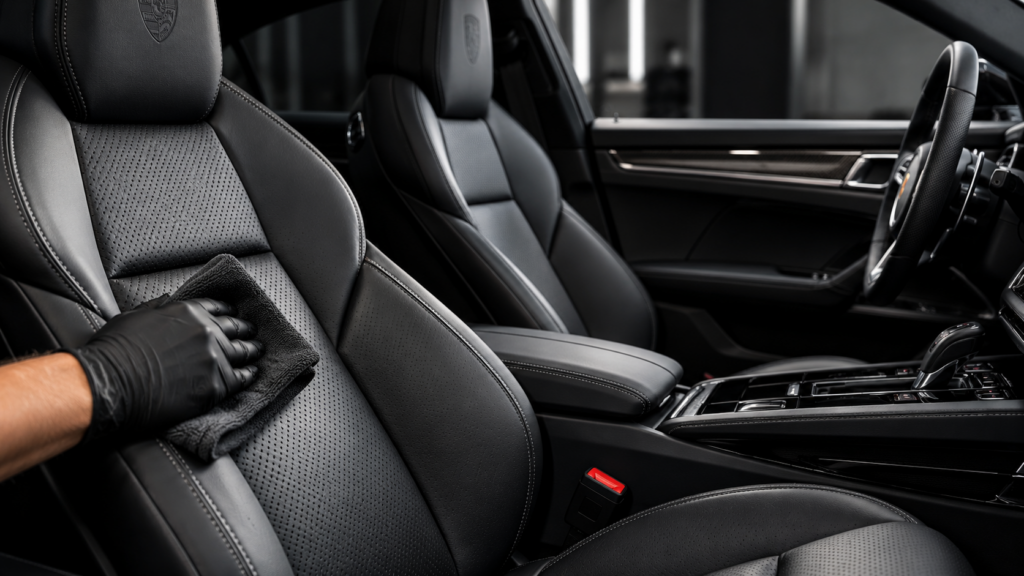 Professioneel gereinigd luxe auto-interieur met zwarte leren stoelen – ProTech Monte-Carlo Westland