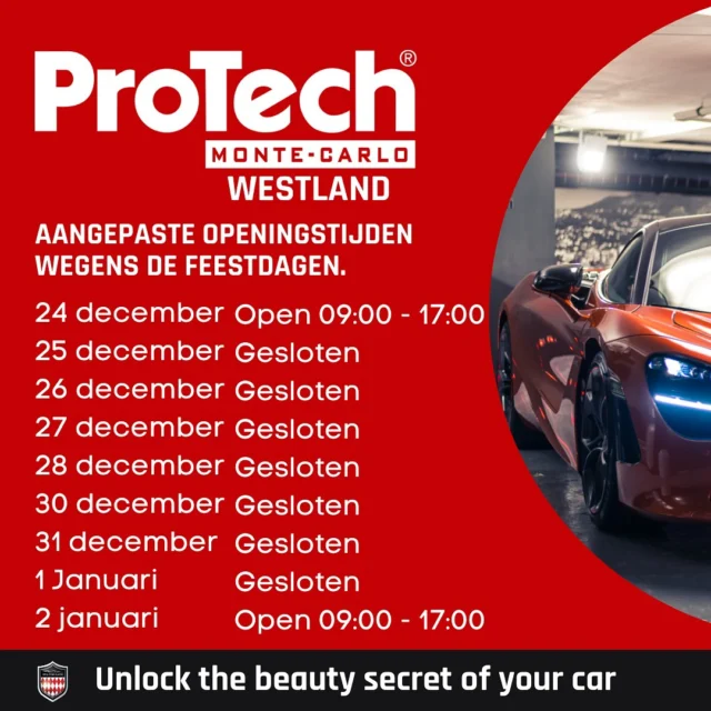 Wegens de feestdagen hebben wij aangepaste openingstijden! 🎄🎆

#ProTech #ProTechWestland #Automotive #Detailing #Cars #Oudennieuw #Kerst