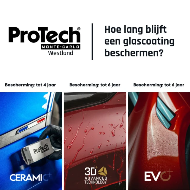 Hoe lang beschermt een coating van ProTech Monte-Carlo?

Onze coatings bieden een langdurige bescherming: van 4 tot wel 6 jaar, afhankelijk van de gekozen coating.

Ceramic+ Coating – Tot 4 jaar bescherming
EVO+ Coating – Tot 6 jaar bescherming
3D+ Coating – Tot 6 jaar bescherming met extra stap polijsten en coaten.

Onze coatings bieden:
✅ Water- en vuilafstotende werking
✅ Behandelde lak vergemakkelijkt het wassen

Bij onze coatings ontvangt u een ProTech koffer met ProTech producten ter waarde van €125,-

Benieuwd naar de mogelijkheden? Kom langs in onze Spa For Cars of neem contact op:

0174509409
Westland@protech.mc

#ProTechMonteCarlo #CeramicCoating #EVOPlus #3DPlus #Lakbescherming #AutoDetailing #Westland